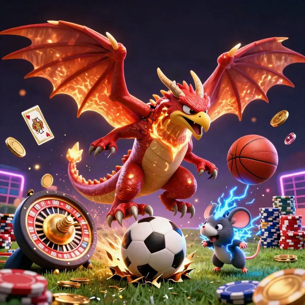 Thunder dragon, hawk, and mouse burst with casino props around a soccer ball.