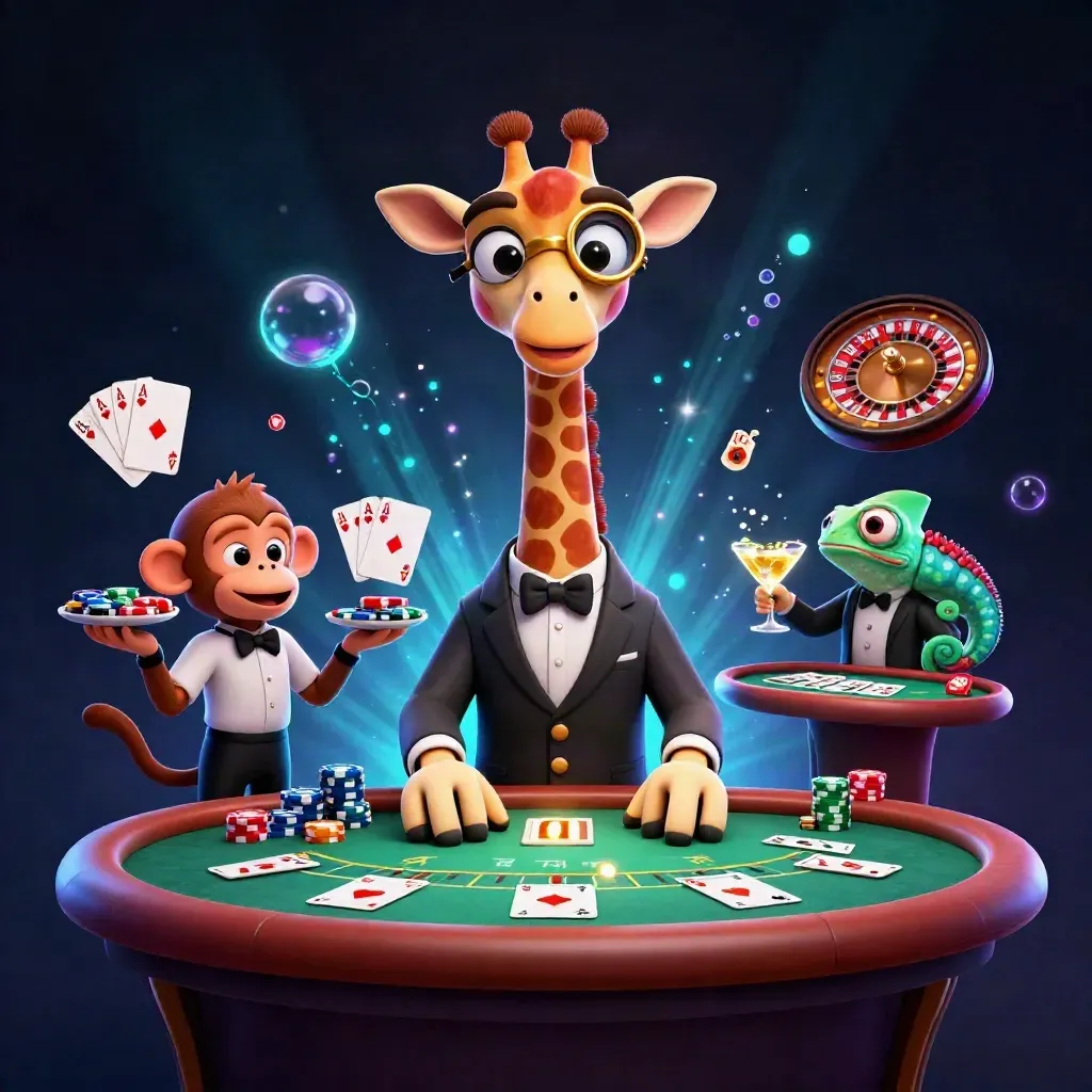 Giraffe, monkey valet, and chameleon bartender amid glowing casino cards and neon treasure.