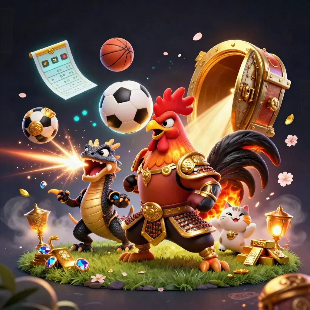 Rooster warrior, dragon hatchling, and fortune-cat amid flying sports balls, gold, and sparks.