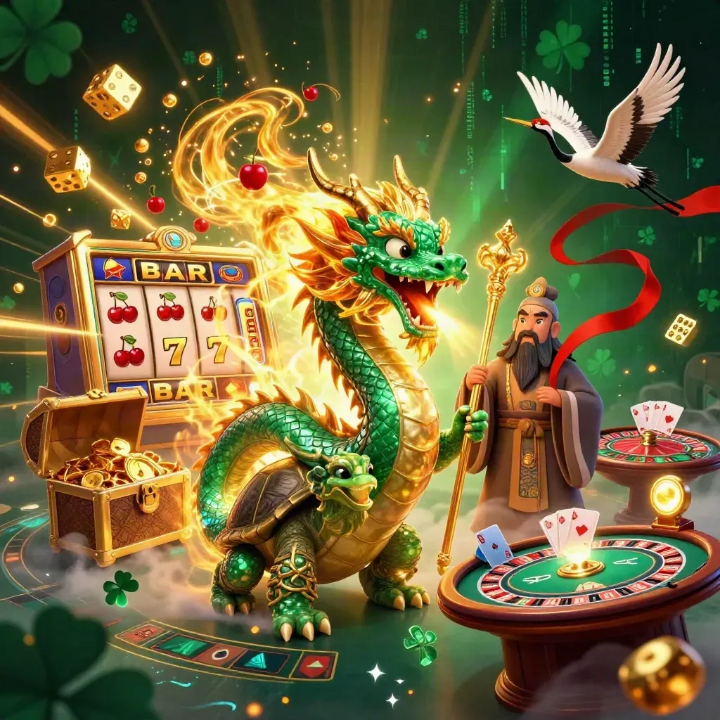 Jade dragon, turtle sage, cranes, and casino treasures erupt in crimson-gold fire on dark emerald black.