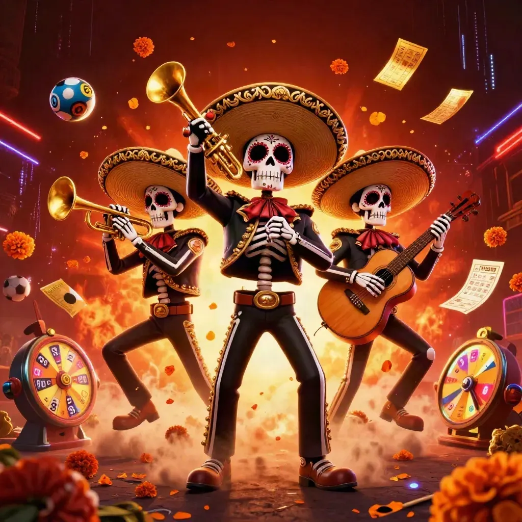 Skeleton mariachi trio with casino props, ember glow, and flying sports balls.
