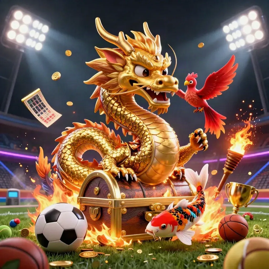 Golden dragon, phoenix, koi and flying sports balls explode in fiery casino luxury.