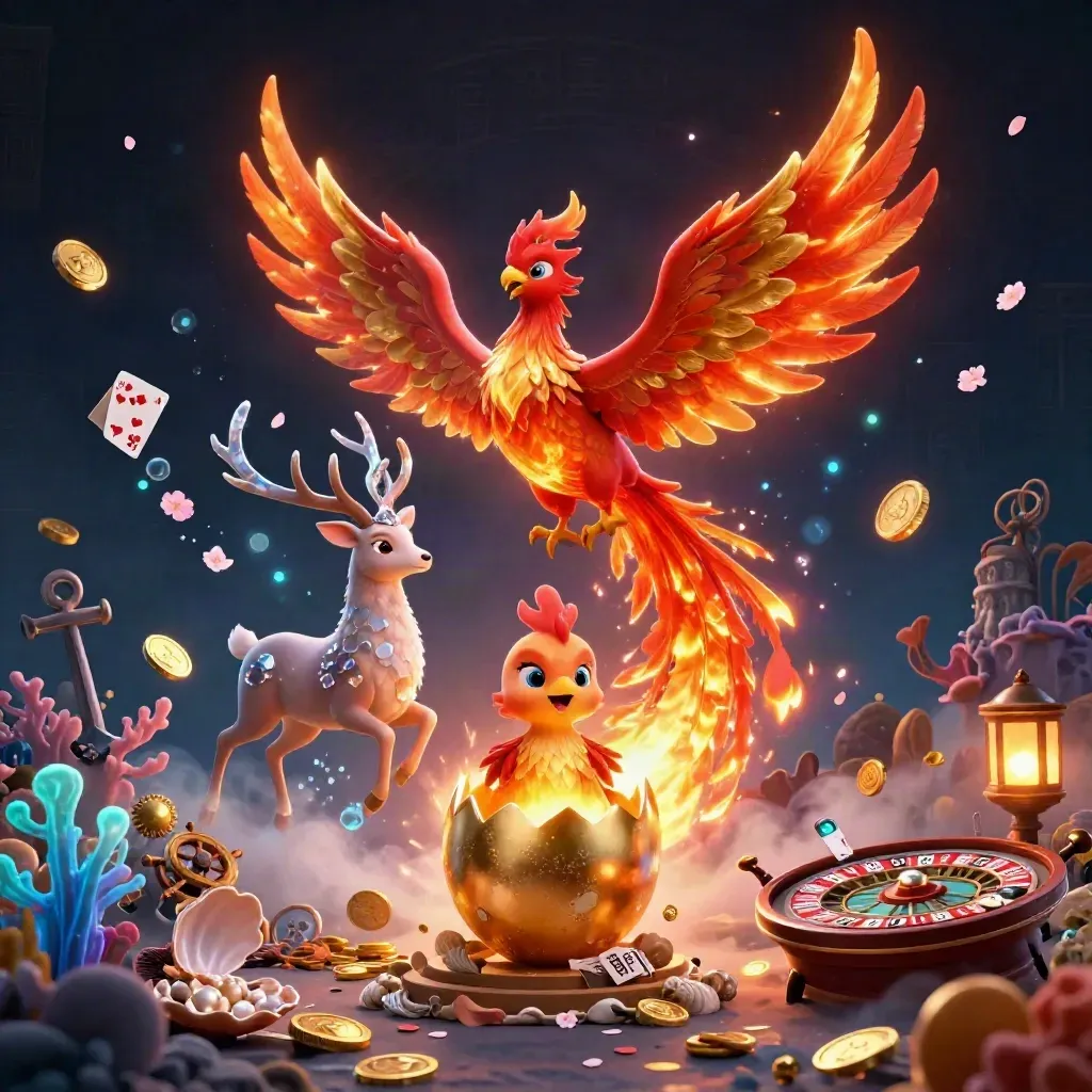 Phoenix, hatching chick, and crystal stag in a fire-lit casino treasure cove.