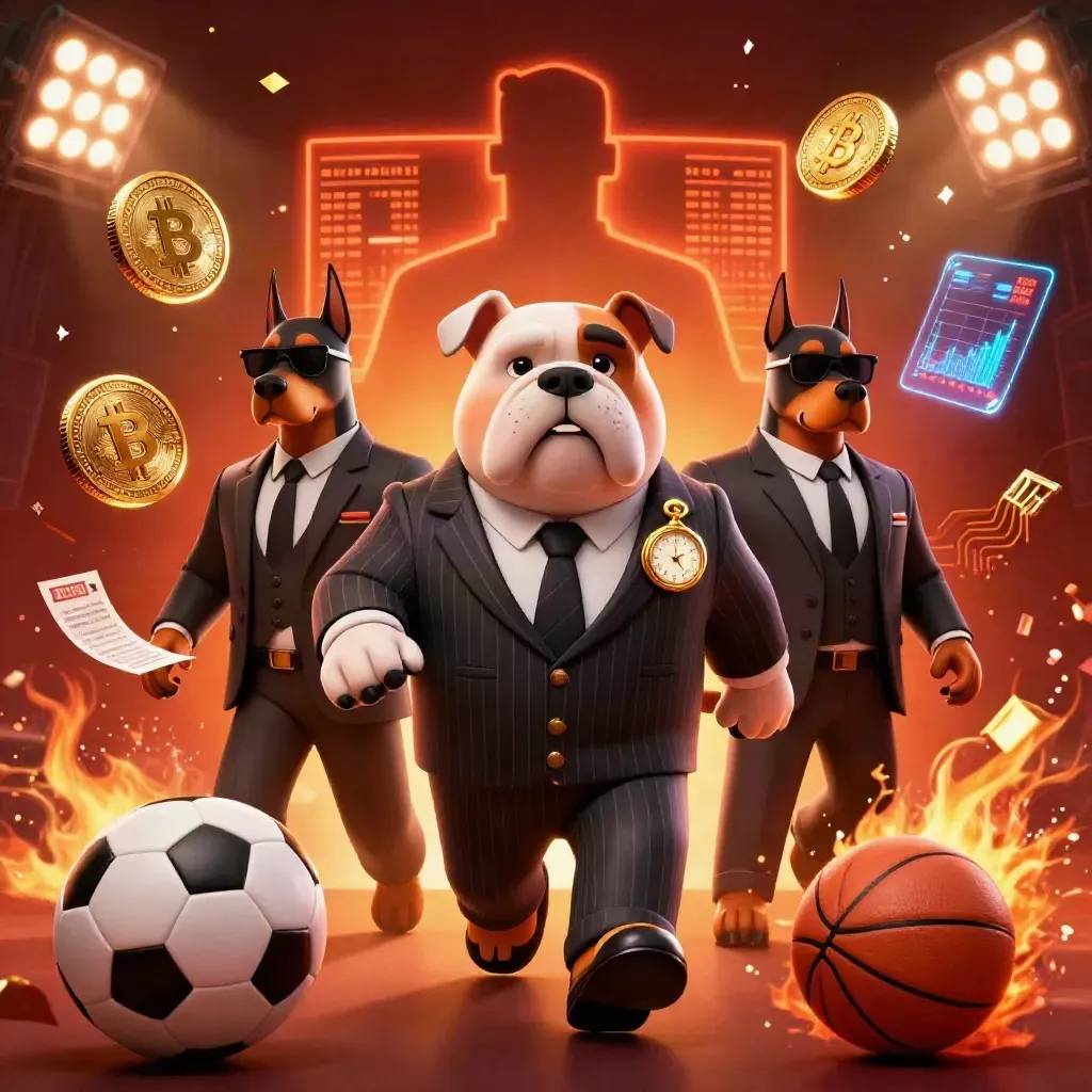 Bulldog boss and two Dobermans amid casino-sport energy, coins, lightning, confetti, and blazing lights.