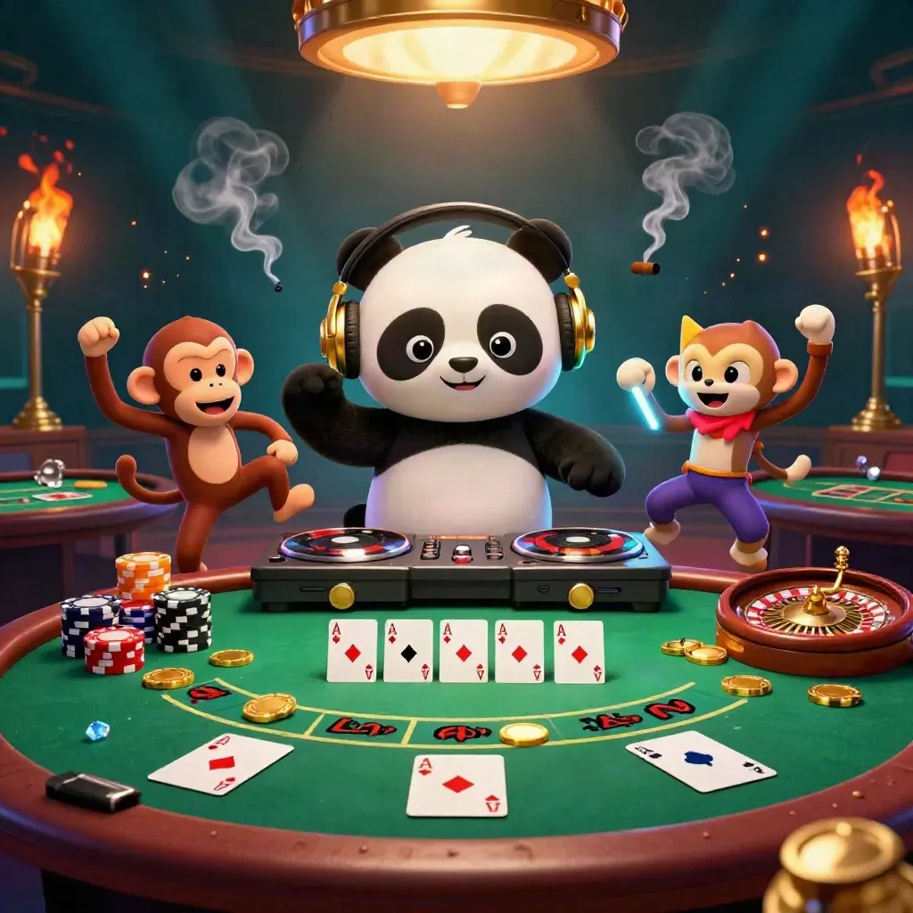 DJ panda, monkey, and glow-stick kitten in a luxe casino with roulette, cards, chips, and firelight