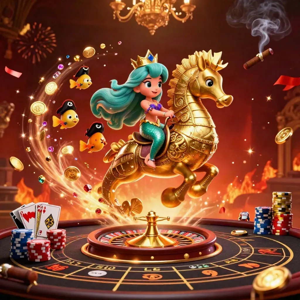 Mermaid princess rides a gold seahorse amid casino lights, coins, gems, and fireworks.