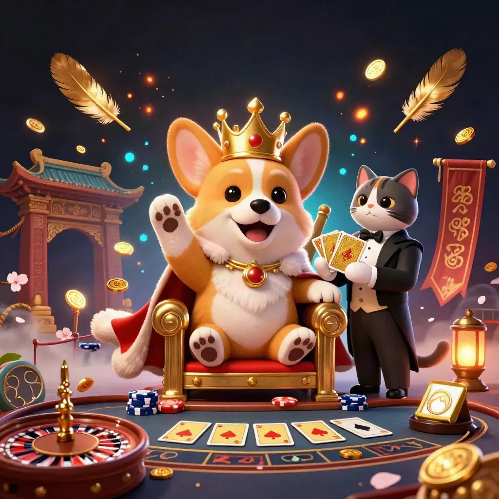 Royal corgi and cat butler in a fiery luxe casino scene with temple gate, banners, and glowing cards.