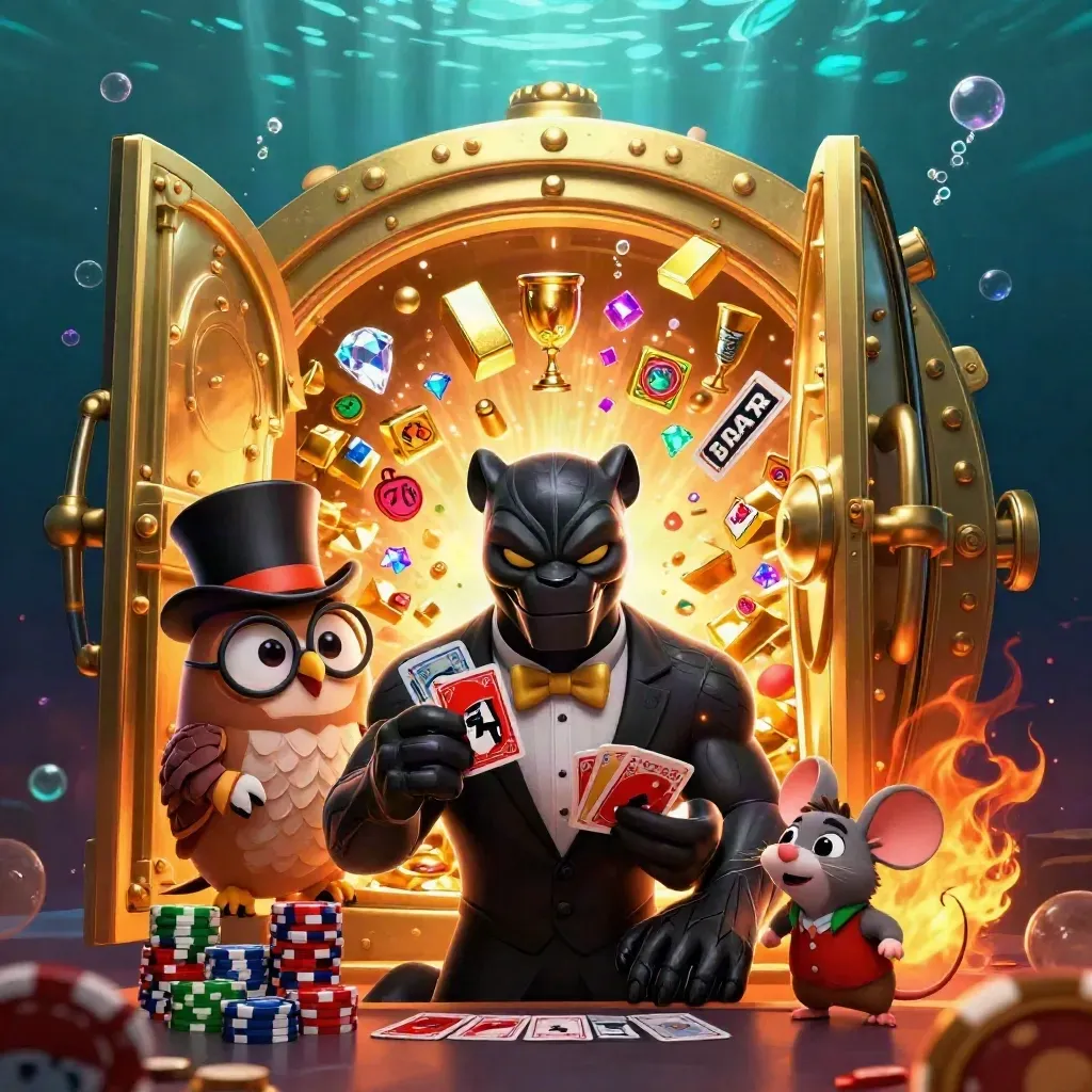 Black panther, owl and mouse in tuxedo casino glam amid treasure burst and underwater glow.