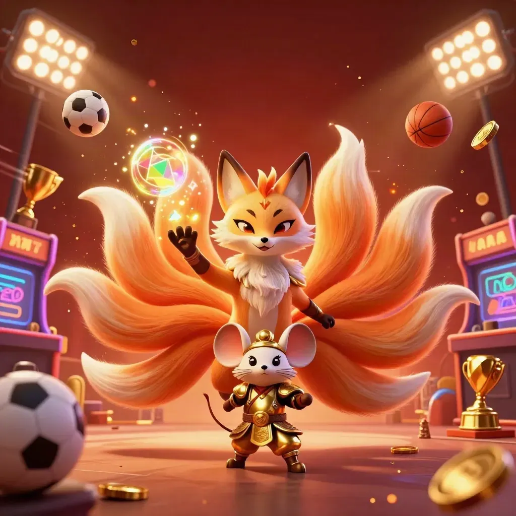 Nine-tailed fox spirit and armored mouse amid casino sparks, balls, trophy, coins, and fiery glow.