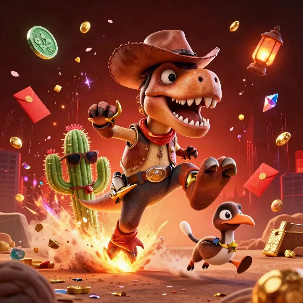 Cowboy T-Rex, cactus sidekick and roadrunner burst through fiery treasure and neon casino light.