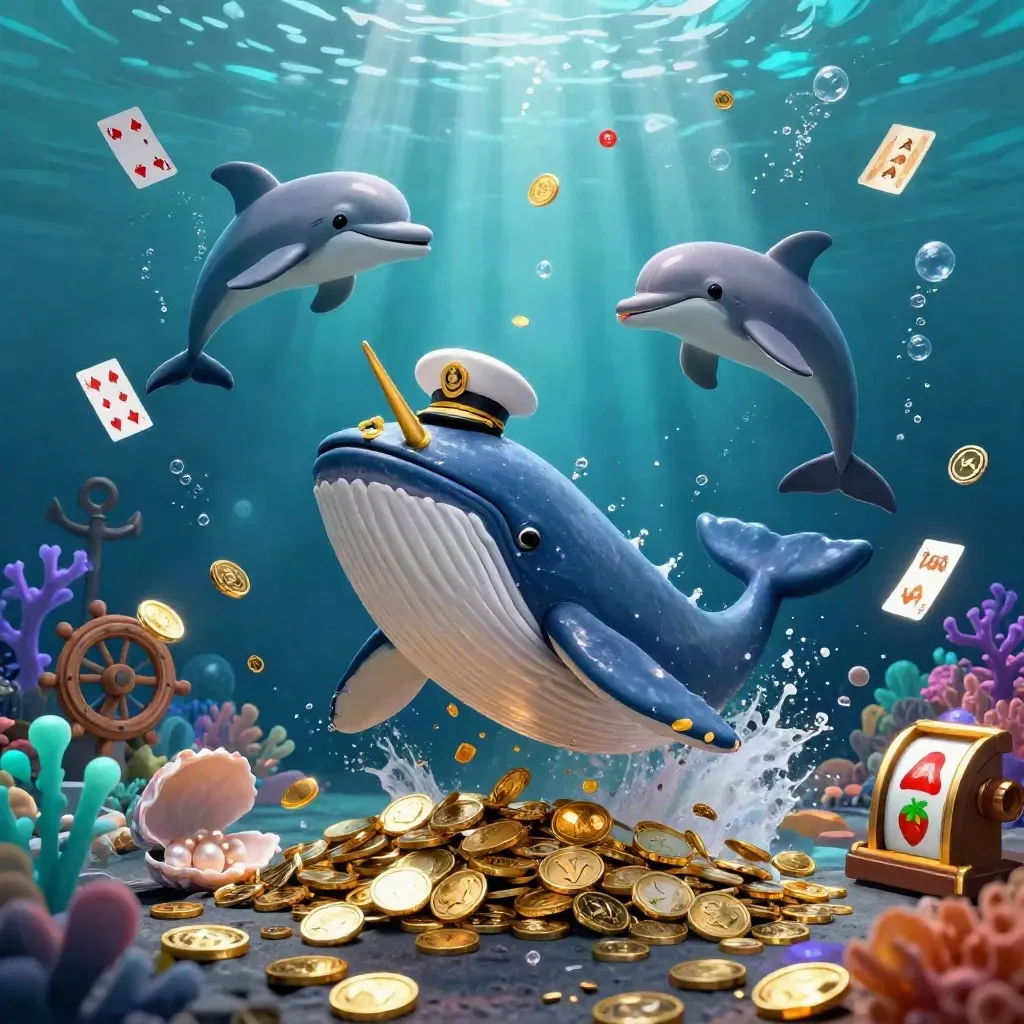 Whale captain, narwhal and dolphins burst through a coin-filled underwater treasure cove with neon casino glow
