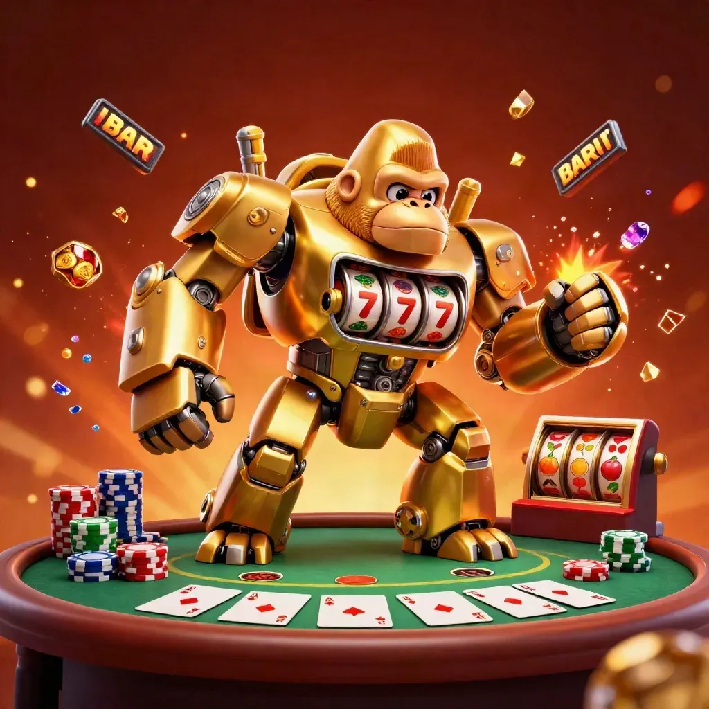 Golden gorilla slot-mech with monkey pilot, chips and cards exploding in ember-orange casino fire.