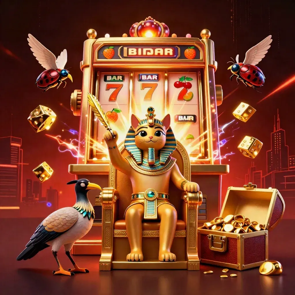 Pharaoh cat, ibis scribe, and gem-winged scarabs amid exploding casino treasure.