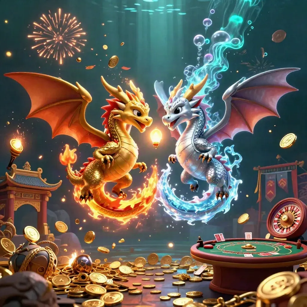 Twin gold and silver dragons with fire and ice burst through casino treasure underwater.