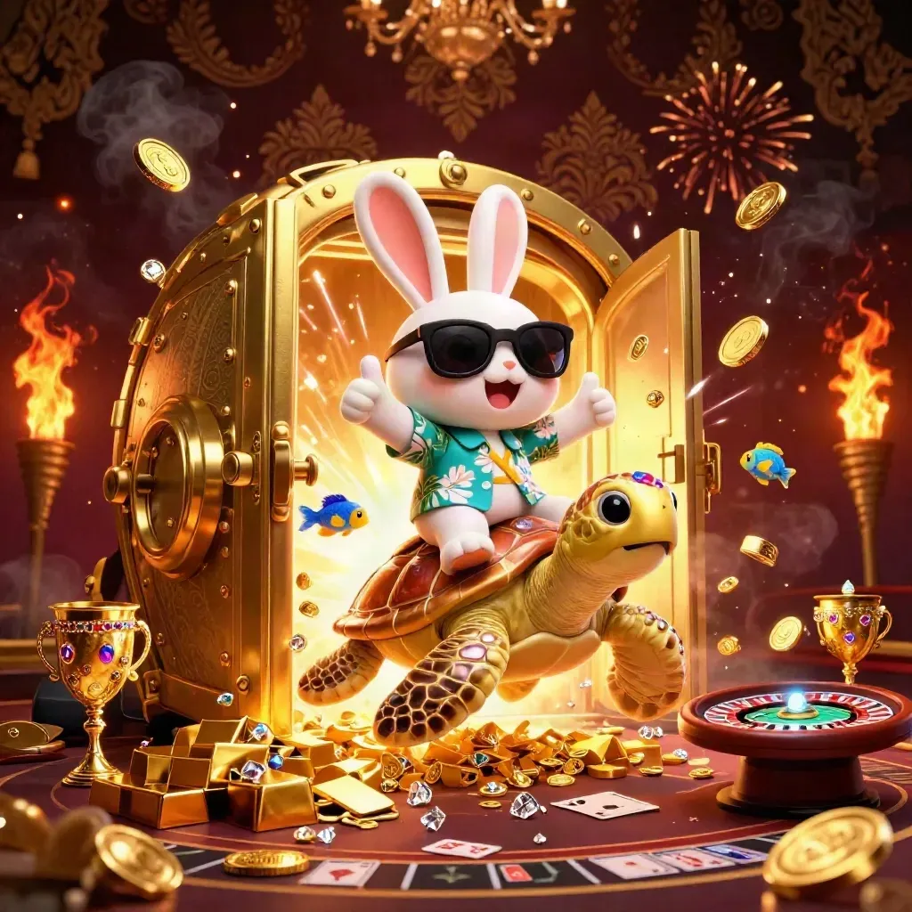 Lucky rabbit on a gold turtle bursts from a vault amid coins, gems, and casino lights.