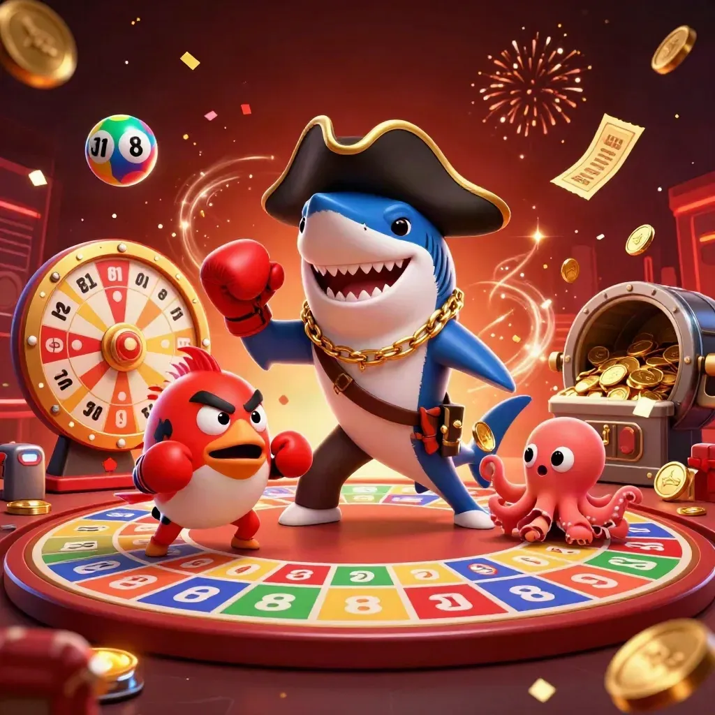 Shark pirate, pufferfish, and octopus amid gold coins, fireworks, and casino game elements.
