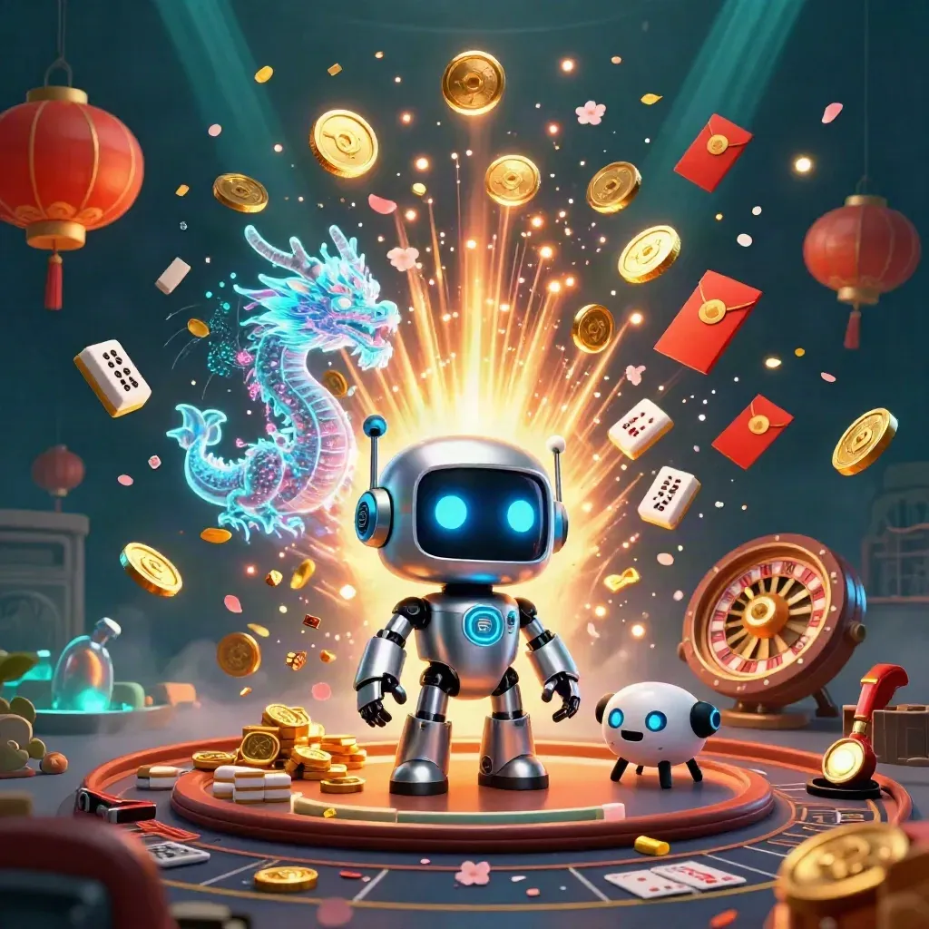 Cyberpunk robot, hologram dragon, and drone amid coins, fireworks, lanterns, and casino tables.