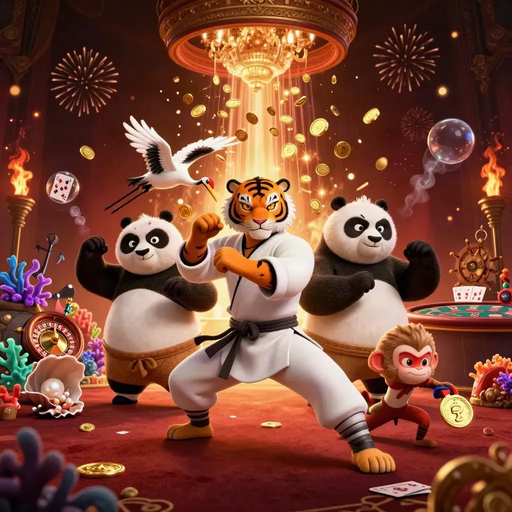 Tiger, panda, and monkey amid exploding coins, treasure cove, roulette wheel, and firelight.