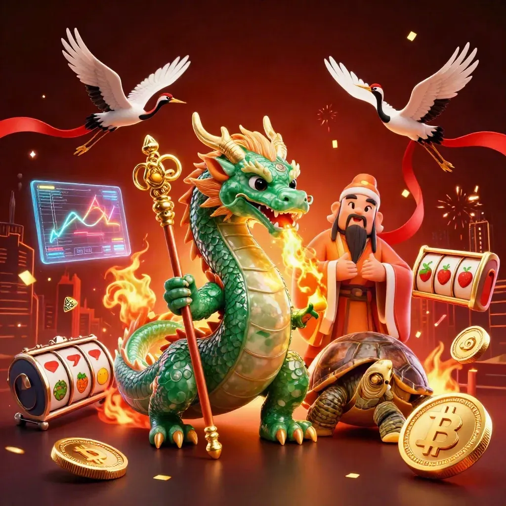 Emerald dragon, turtle sage, and cranes amid fire, coins, reels, and neon casino effects.