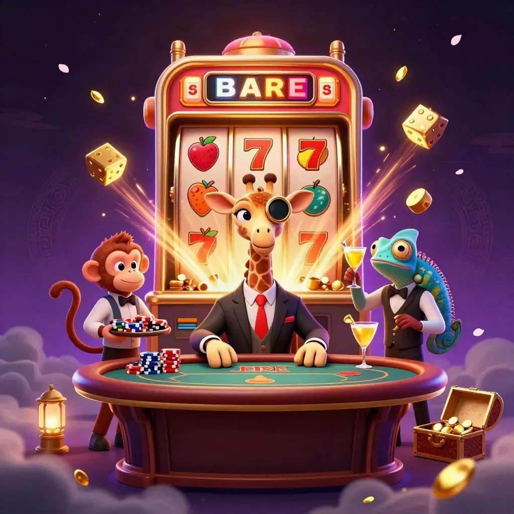 Giraffe, monkey, and chameleon in a luxe casino scene with a bursting slot machine