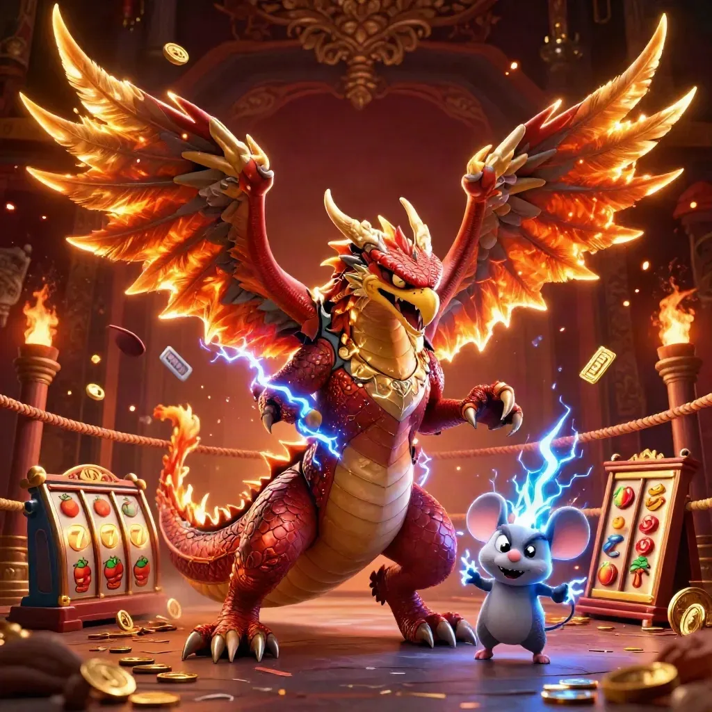 Thunder dragon, wind hawk, and static mouse amid casino fire and gold on a dark luxe background.