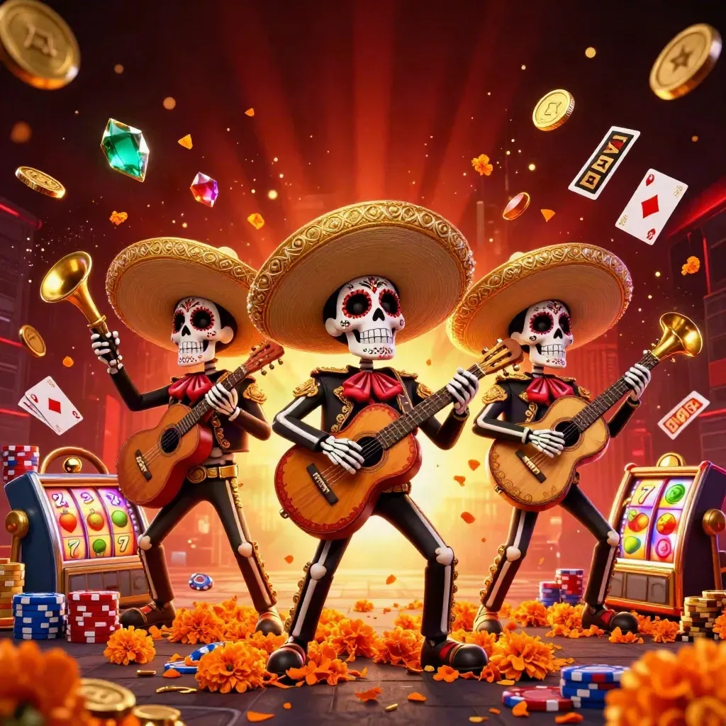 Three festive skeleton mariachi musicians amid coins, cards, roulette, chips, and glowing slot symbols.