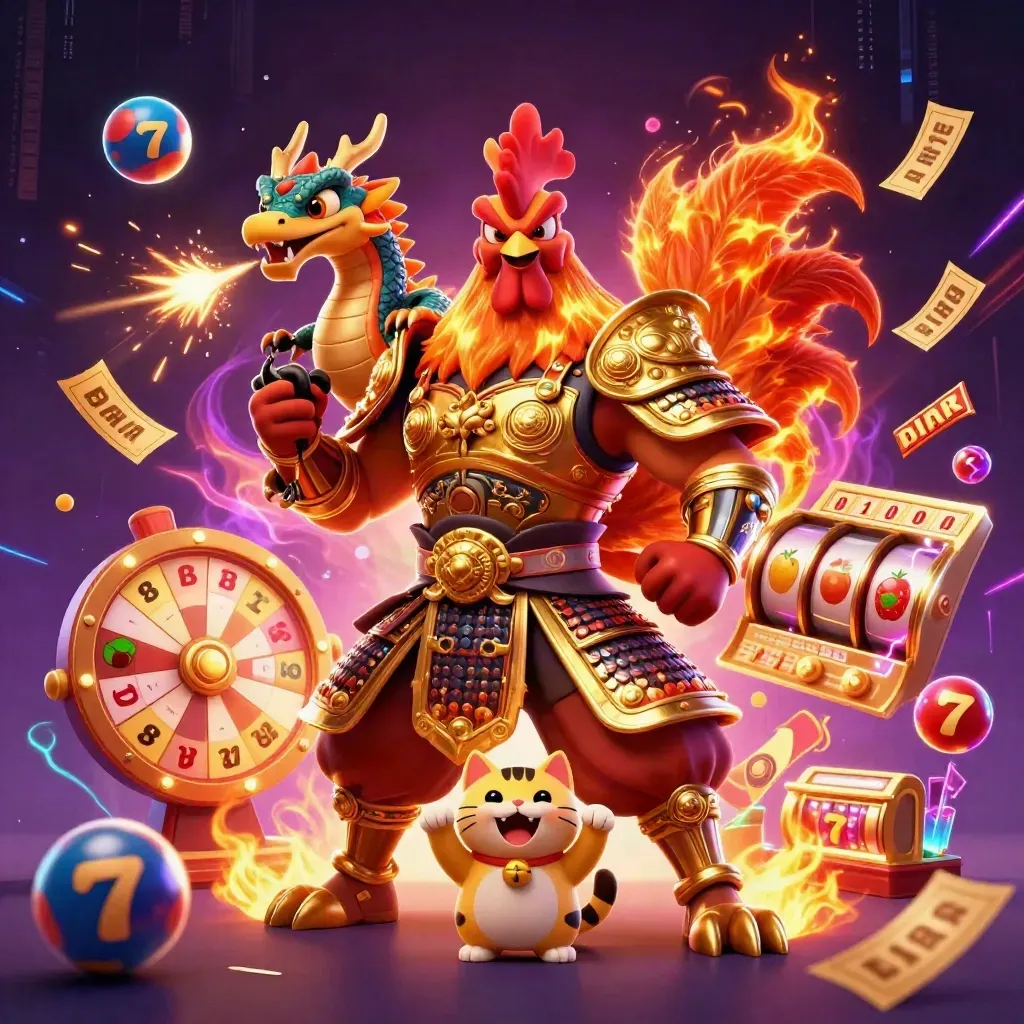 Crimson rooster warrior with dragon hatchling and lucky cat amid casino sparks and reels