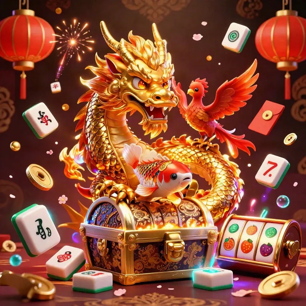 Golden dragon with phoenix and koi amid casino symbols on a dark luxe background.