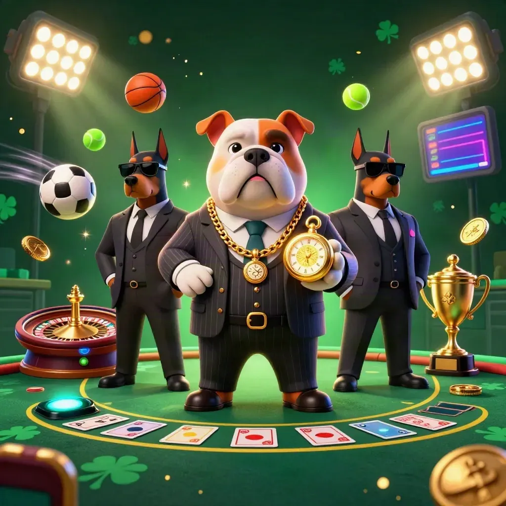 Bulldog boss and two Dobermans amid glowing casino symbols, coins, sparks and neon light.