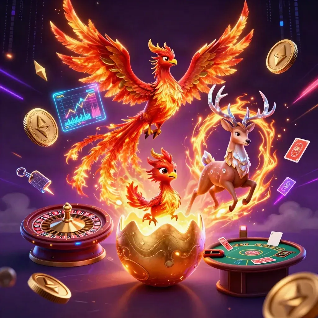 Fire phoenix, hatching baby phoenix, and crystal stag amid casino coins, lightning, and neon energy.